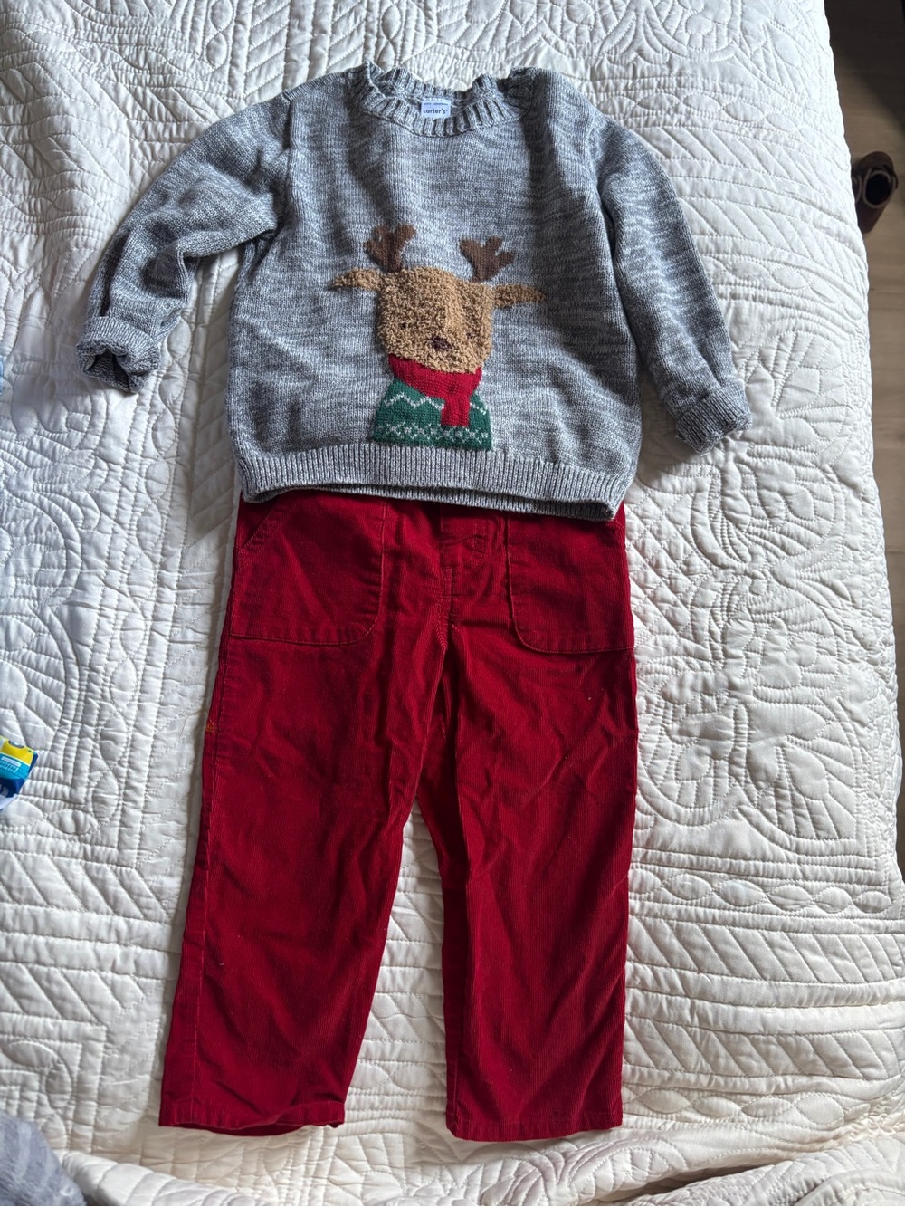 Carter's Gray Reindeer Sweater with Red Pants Kids Matching Set